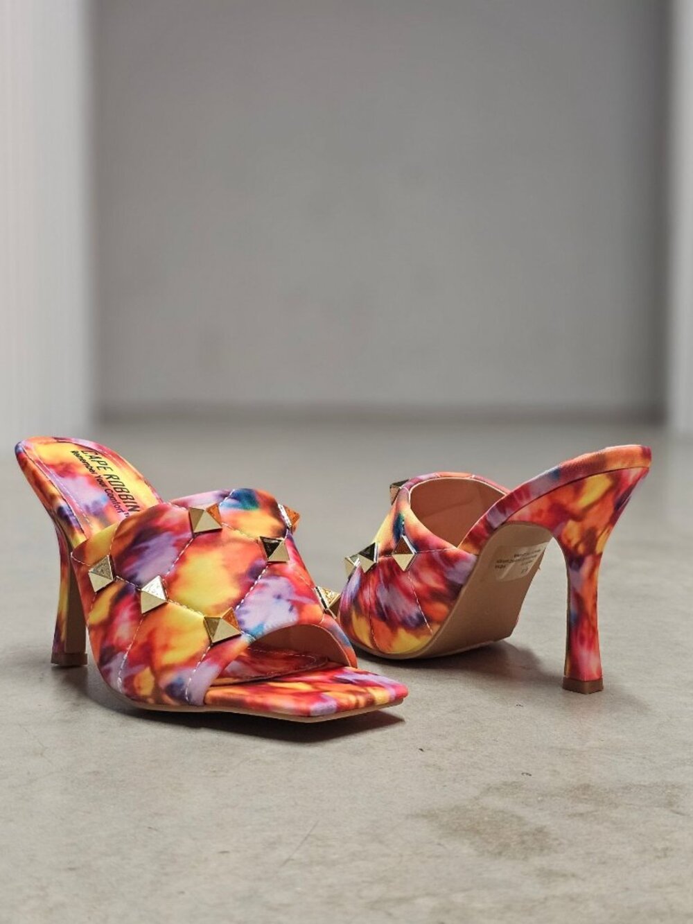 Colorful Tie-Dye Studded High Heel Mules With Quilted Detail & Open Toe Design F